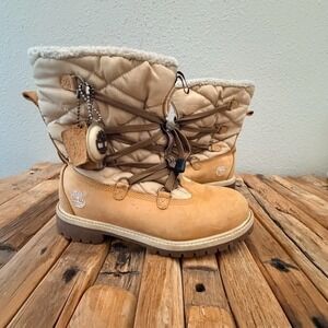 Timberland Women Quilted Winter Boots Wheat Tan Leather Faux Fur 72906 Size 6M